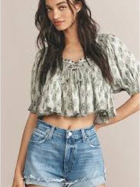Anthropologie Sage Floral Ruffle Crop Top